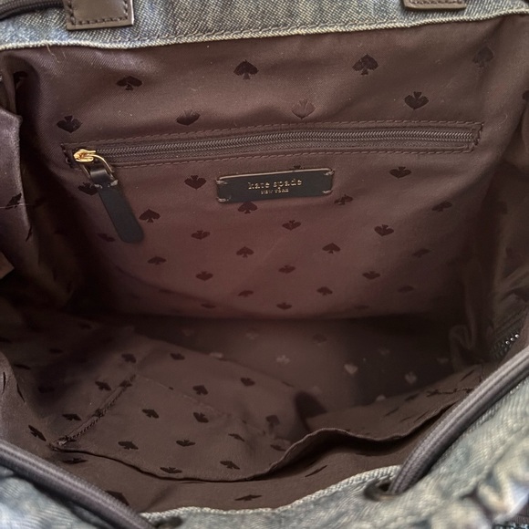 Kate Spade New York Ellie Blue Denim Flap Quilted Nylon Backpack Pockets Cinched - Picture 12 of 13